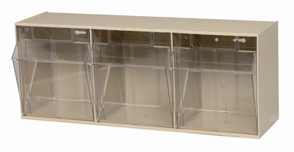 Quantum Storage Systems Tip Out Bin, (3) compartment, opens to a 45° angle, plastic clear container, polystyrene ivory cabinet, QTB303IV