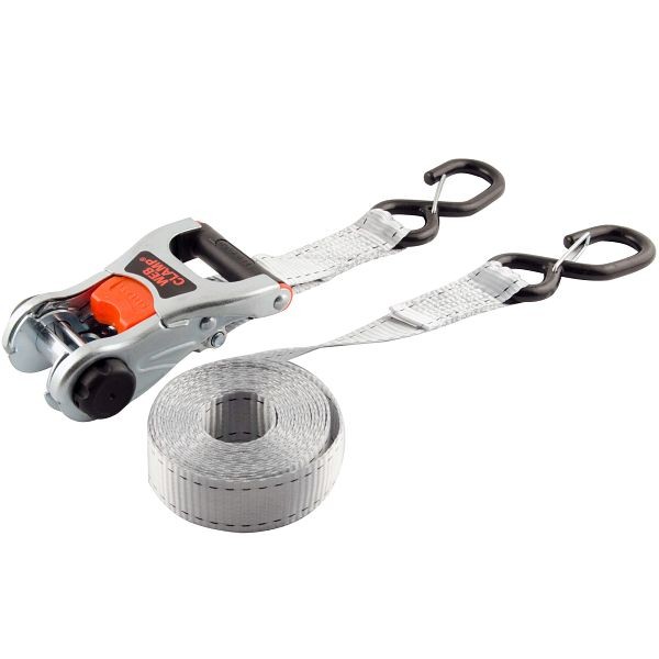 Erickson 1.25"x12' 2000 lb Deluxe Ratcheting Tie Downs Gray with Web Clamp & Safety Snap Hooks, Quantity: 2 pieces, 31353