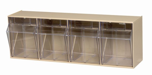 Quantum Storage Systems Tip Out Bin, (4) compartment, opens to a 45° angle, plastic clear container, polystyrene ivory cabinet, QTB304IV