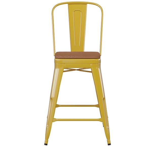 Flash Furniture Kai Commercial 24" High Yellow Metal Indoor-Outdoor Counter Height Stool, Removable Back, Teak Poly Resin Seat, CH-31320-24GB-YL-PL2T-GG