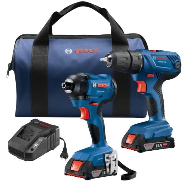 Bosch 18V 2-Tool Combo Kit with Compact 1/2 Inches Drill/Driver, 1/4 Inches Hex Impact Driver and (2) 2.0 Ah SlimPack Batteries, 06019G5111