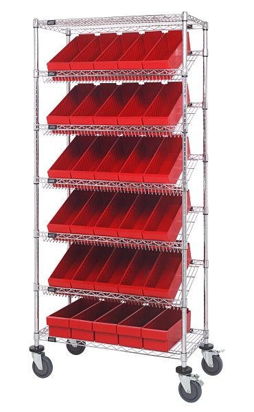 Quantum Storage Systems Bin Systems Unit, mobile, includes (7) wire shelves, (30) red bins (QED602) & (4) 5" casters, chrome finish, MWRS-7-602RD