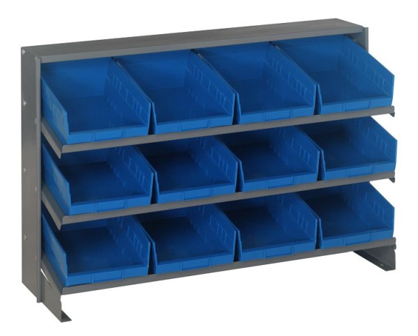 Quantum Storage Systems Pick Rack, slopped, bench style, 12-1/2"L x 36"W x 23"H, (3) shelves configuration, includes (12) QSB107 blue bins, QPRHA-107BL