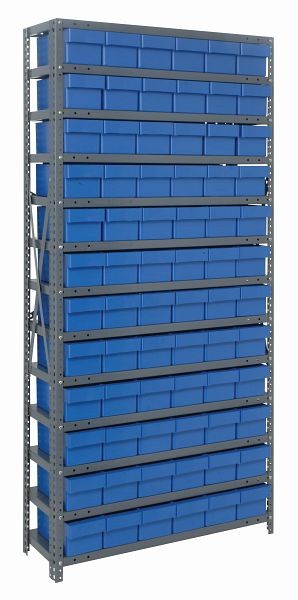 Quantum Storage Systems Shelving Unit, 18x36x75", 400 lb capacity per shelf (13), 72 QED602 blue black bins, cross bars, galvanized steel, 1875-602BL