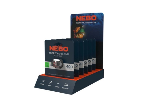 Nebo Counter Display for Rechargeable Headlamp and Cap Light with 400 Lumen Turbo Mode MYCRO RC Headlamp, NEB-DSP-0033