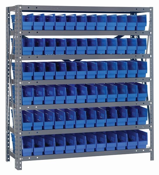 Quantum Storage Systems Shelving Unit, 12x36x39", 400 lb capacity per shelf (7), 72 QSB100 blue black bins, galvanized steel, 1239-100BL