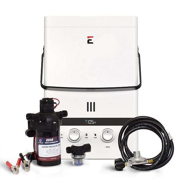 Eccotemp Luxé 1.85 GPM Portable Outdoor Tankless Water Heater with EccoFlo Diaphragm 12V Pump and Strainer, EL7-PS