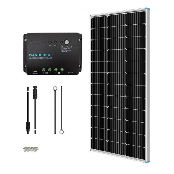 Renogy 100W 12V Monocrystalline Solar Starter Kit w/Wanderer 30A Charge Controller, RNG-KIT-STARTER100D-WND30