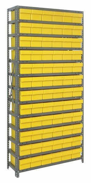 Quantum Storage Systems Shelving Unit, 18x36x75", 400 lb capacity per shelf (13), 72 QED602 yellow black bins, cross bars, galvanized steel, 1875-602YL