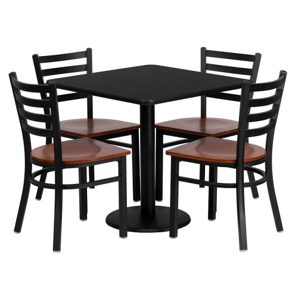 Flash Furniture Clark 30'' Square Black Laminate Table Set with 4 Ladder Back Metal Chairs - Cherry Wood Seat, MD-0003-GG
