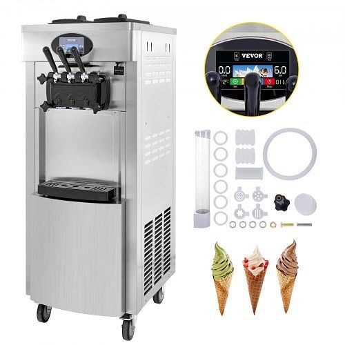 VEVOR 2200W Commercial Soft Ice Cream Machine 3 Flavors 5.3 to 7.4Gal per Hour PreCooling at Night Auto Clean, Sliver, BJLJLSRZYKF-8228HV1