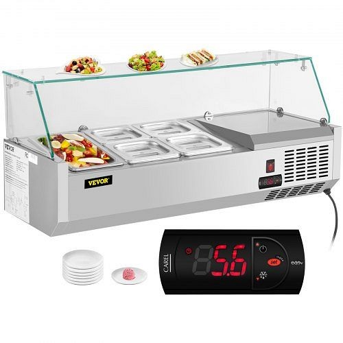 VEVOR 40" Countertop Refrigerated Salad Pizza Prep Station with Glass Shield 5 Pans, BLZBXGL40110VQLX5V1