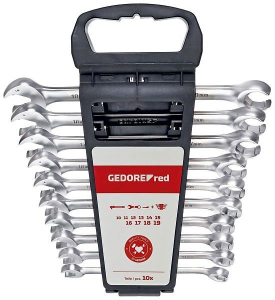 GEDORE red Open ended ratchet spanner set, Jaw ends with ring ratchet, 10-piece set, AF 10-19 mm, R05905010, 3301003