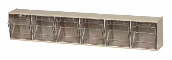 Quantum Storage Systems Tip Out Bin, (6) compartment, opens to a 45° angle, plastic clear container, polystyrene ivory cabinet, QTB306IV