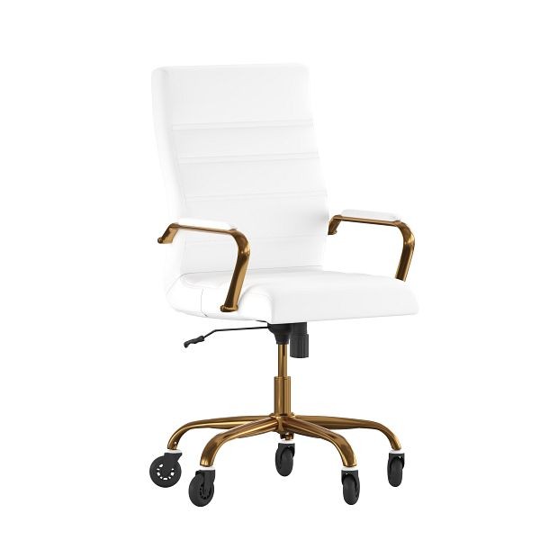 Flash Furniture Whitney High Back White LeatherSoft Executive Swivel Office Chair with Gold Frame, Arms, & Transparent Wheels, GO-2286H-WH-GLD-RLB-GG