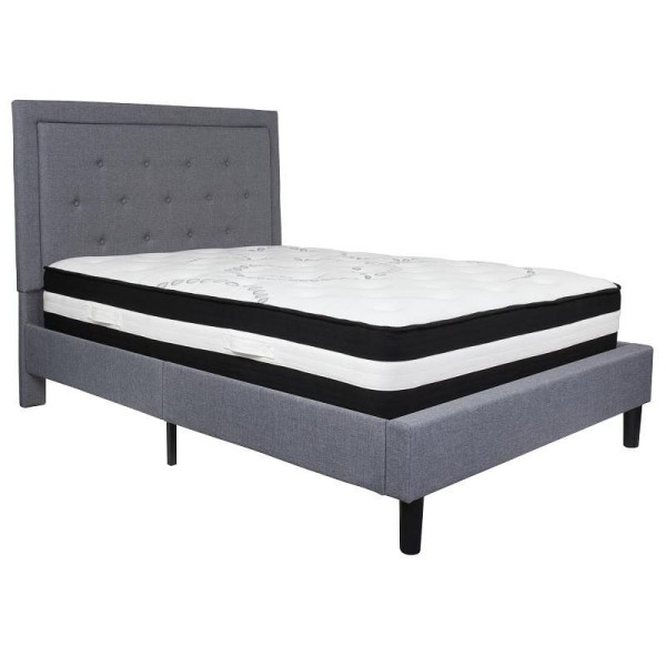 Flash Furniture Roxbury Full Size Tufted Upholstered Platform Bed in Light Gray Fabric with Pocket Spring Mattress, SL-BM-26-GG