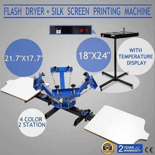VEVOR 4 Color 2 Station Screen Printing Press Equipment Silk Screening with Flash Dryer, 402SYJ+18X24WKSHGV1