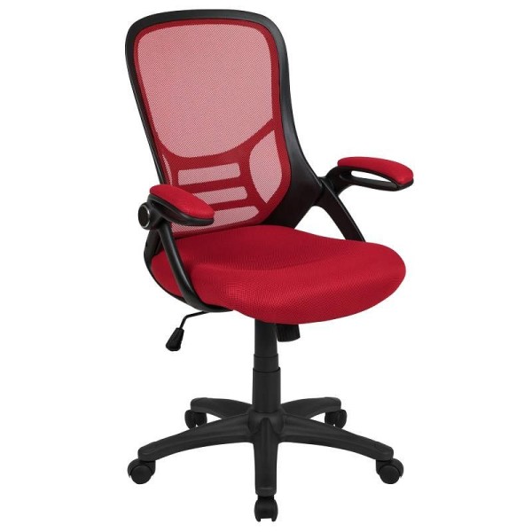 Flash Furniture Porter High Back Red Mesh Ergonomic Swivel Office Chair with Black Frame and Flip-up Arms, HL-0016-1-BK-RED-GG