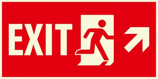 Marahrens Sign EX0052 - Exit, running man symbol and arrow right up, red, photoluminescent rigid plastic, Size: 14 x 7 inch, EX0052.014.22