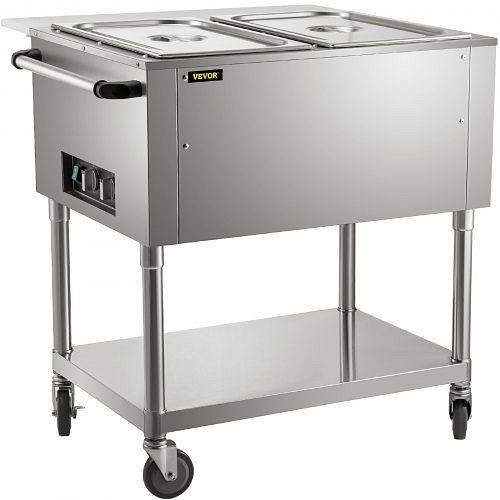 VEVOR Commercial Steam Table Electric Food Warmer 2 Pans with Wheels 0-100°C 1000W, WZB1000W2110VCY8PV1