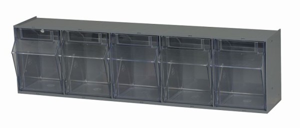 Quantum Storage Systems Tip Out Bin, (5) compartment, opens to a 45° angle, plastic clear container, polystyrene gray cabinet, QTB305GY