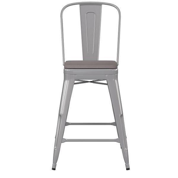 Flash Furniture Kai Commercial 24" High Silver Metal Indoor-Outdoor Counter Height Stool, Removable Back, Gray Poly Resin Seat, CH-31320-24GB-SIL-PL2G-GG