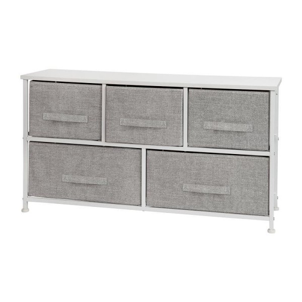 Flash Furniture Harris 5 Drawer Wood Top White Cast Iron Frame Vertical Storage Dresser with Light Gray Easy Pull Fabric Drawers, WX-5L206-X-WH-GR-GG