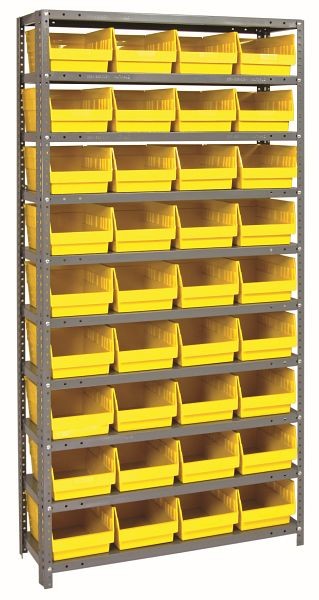 Quantum Storage Systems Shelving Unit, 18x36x75", 400 lb capacity per shelf (13), 36 QSB208 yellow black bins, galvanized steel, 1875-208YL