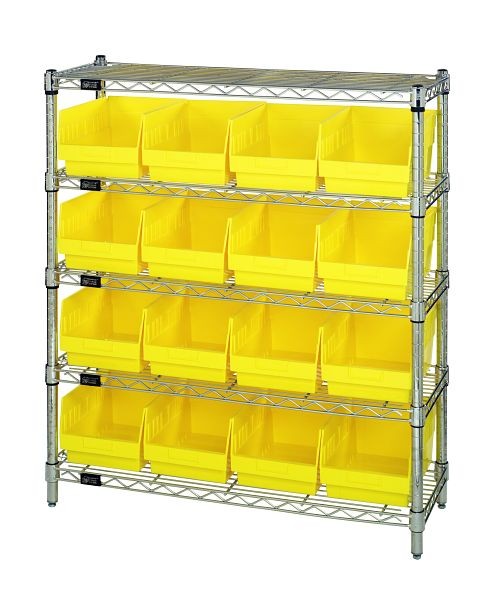 Quantum Storage Systems Bin Wire Shelving Center, 12x36x39", 800 Lbs per shelf, (5)shelves and (16)QSB207 yellow bins, Chrome, WR5-39-1236-207YL