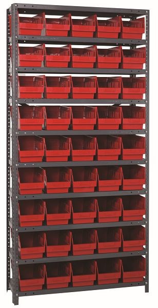 Quantum Storage Systems Shelving Unit, 18x36x75", 400 lb capacity per shelf (13), 45 QSB204 red black bins, galvanized steel, 1875-204RD