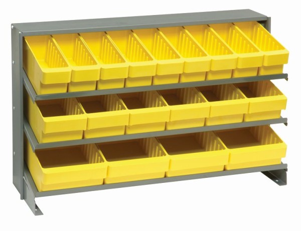 Quantum Storage Systems Pick Rack, slopped, bench style, 12-1/2"L x 36"W x 23"H, (3) shelves configuration, includes (9) QED501 yellow bins, QPRHA-567YL