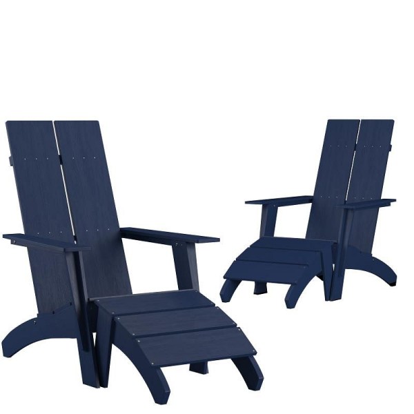 Flash Furniture Set of 2 Sawyer Modern All-Weather Poly Resin Wood Adirondack Chairs with Foot Rests in Navy, 2-JJ-C14509-14309-NV-GG