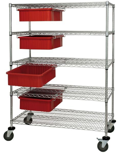 Quantum Storage Systems Bin Cart System, 36x24x69", 1200Lbs, (4)drawers with dividable grid red container (DG92060), Chrome, WRC5-63-2436-92060RD