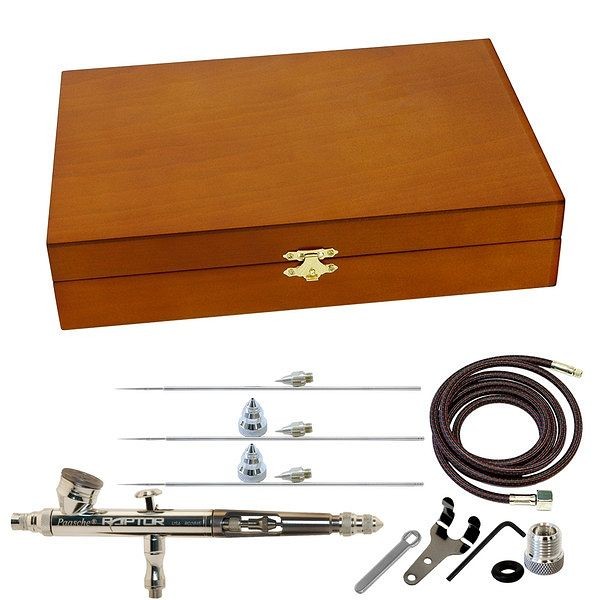 Paasche Gravity Feed Set in Wood Case with .2, .25, .38 & .66mm heads & 1/8" BSP Adapter, RG-4WC
