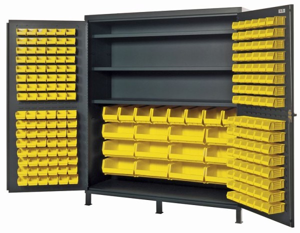 Quantum Storage Systems Heavy-Duty 72" Bin Cabinet, 500 lb. capacity, includes (3) adjustable shelves, (212) yellow bins, gray finish, QSC-72SYL