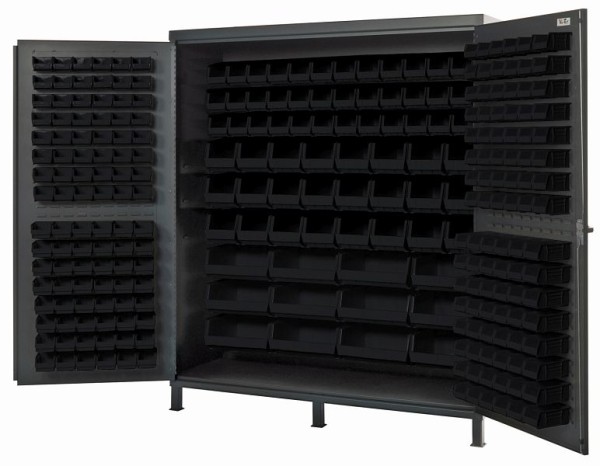 Quantum Storage Systems Heavy-Duty 72" Bin Cabinet, 72"W x 24"D x 84"H, includes (136) black bins, gray powder-coated finish, QSC-72-136BK