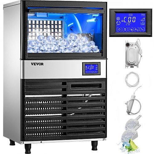 VEVOR 110V Commercial ice Maker 155LBS/24H with 39Lbs Bin and Electric Water Drain Pump, Clear Cube, Stainless Steel Construction, ZBJ70KGZNSYPPSB01V1