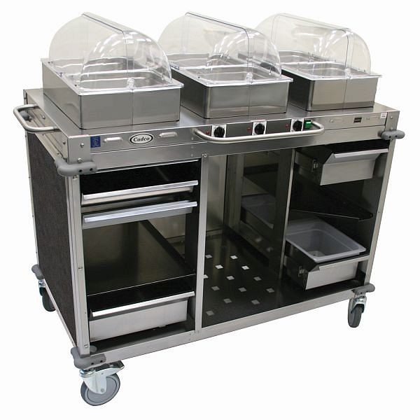 Cadco MobileServ 3 Bay Cart, includes 4" High Half Size Stainles Steel Steam Pans, Stainless / Grey Laminate Panels, CBC-HHH-L3-4