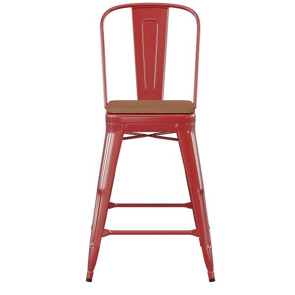 Flash Furniture Kai Commercial 24" High Red Metal Indoor-Outdoor Counter Height Stool, Removable Back, Teak Poly Resin Seat, CH-31320-24GB-RED-PL2T-GG