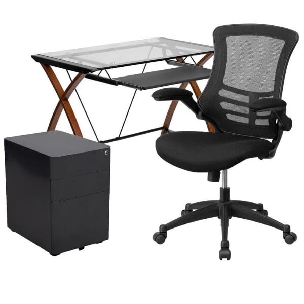 Flash Furniture Stiles Work From Home kit-Glass Desk, Keyboard Tray, Ergonomic Mesh Office Chair & Filing Cabinet with Side Handles, BLN-NAN28CHPX5-BK-GG