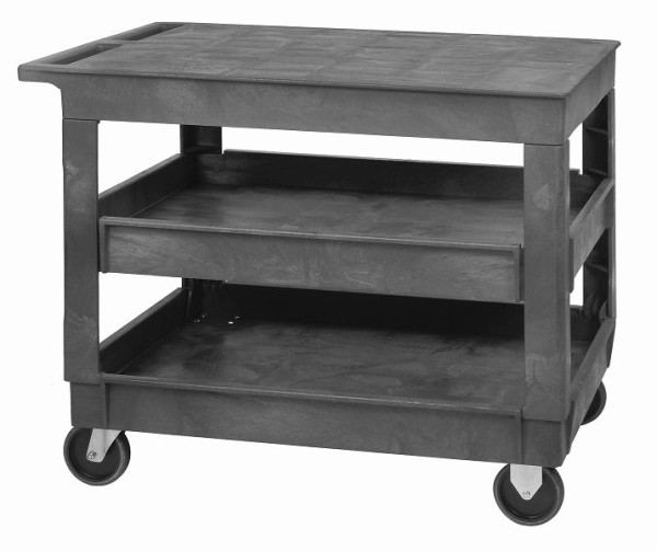 Quantum Storage Systems Utility Cart, (3) shelves, flat top, 550 lb. capacity, push handle, (4) 5" casters, polymer, gray, PFTC4026-33-3