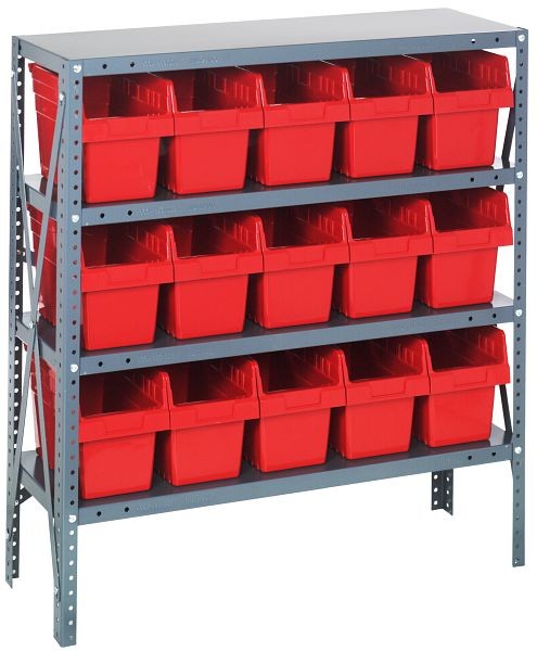 Quantum Storage Systems Shelving Unit, 18x36x39", 400 lb capacity per shelf (4), 15 QSB804 red black bins, cross bars, galvanized steel, 1839-SB804RD