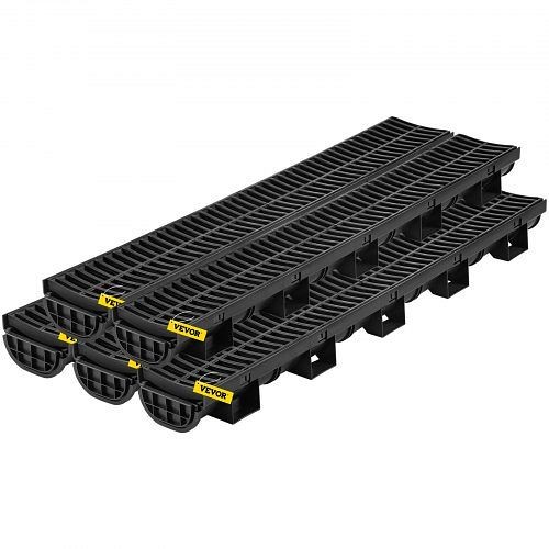VEVOR Trench Drain System, Channel Drain with Plastic Grate, 5.7x3.1", 5x39 Trench Drain Grate, with 5 End Caps, Driveway-5 Pack, PSLGM100455688EU5V0