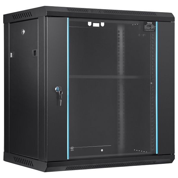 VEVOR 12U Wall Mount Network Server Cabinet with Locking Glass Door, 15.5" Deep, WLJJGHB12U155L3S8V0
