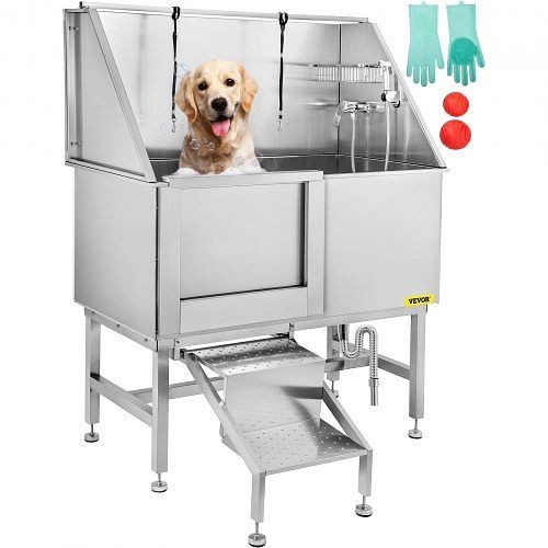 VEVOR 50" Dog Grooming Tub Professional Stainless Steel Pet Dog Bath Tub, Silver, Left, CWMRYG00000000001V0