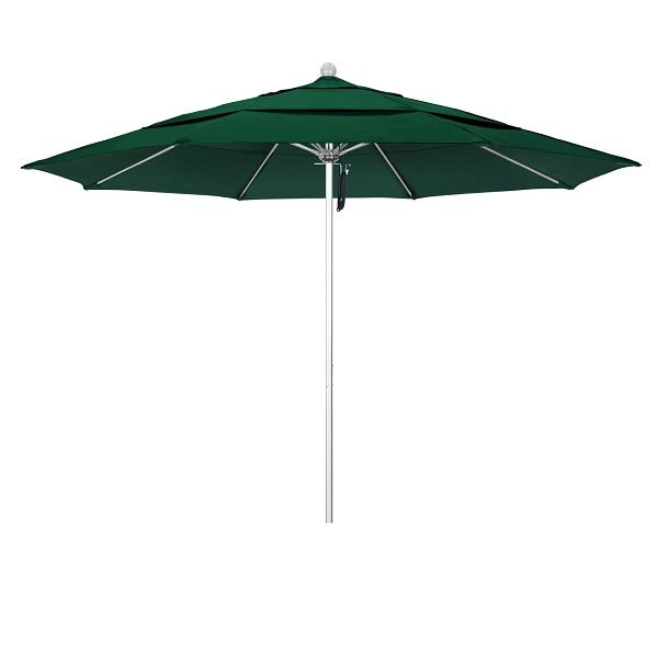 California Umbrella 11' Venture Series Patio Umbrella, Silver Anodized Aluminum Pole, Pulley Lift, Sunbrella 1A Forest Green Fabric, ALTO118002-5446-DWV