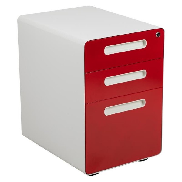 Flash Furniture Wren Ergonomic 3-Drawer Mobile Locking Filing Cabinet, Anti-Tilt Mechanism & Drawer, White with Red Faceplate, HZ-AP535-02-RED-WH-GG