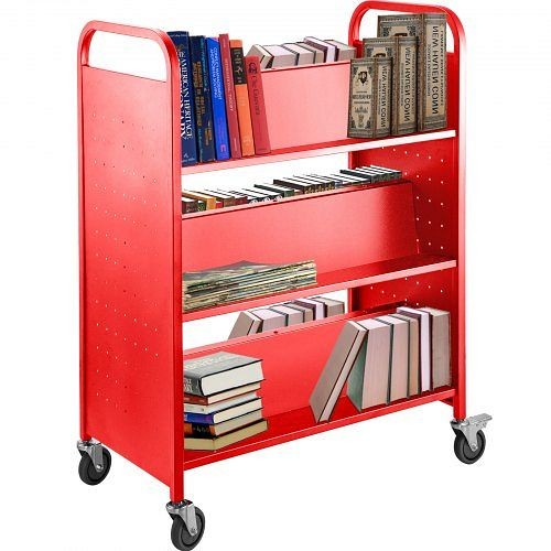 VEVOR Book Cart Library Cart 200lb with Double Sided W-Shaped Sloped Shelves in Red, TSGTCSCWXSMRED001V0