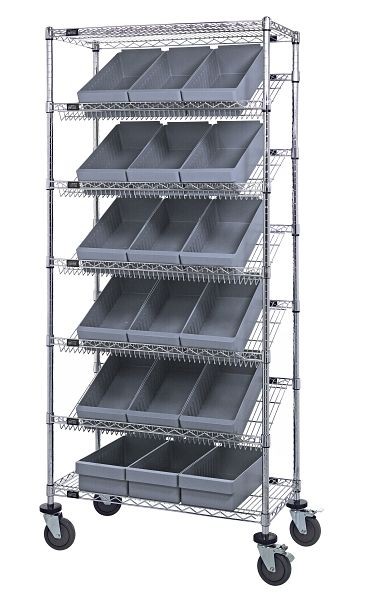 Quantum Storage Systems Bin Systems Unit, mobile, includes (7) wire shelves, (18) gray bins (QED606) & (4) 5" casters, chrome finish, MWRS-7-606GY