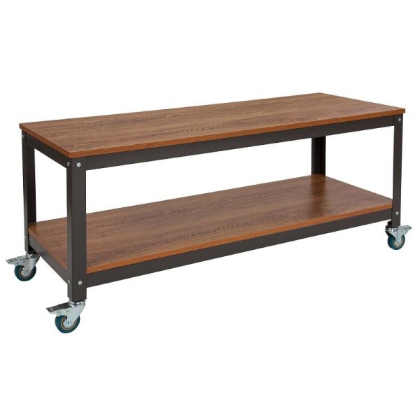 Flash Furniture Livingston Collection TV Stand in Brown Oak Wood Grain Finish with Metal Wheels, NAN-JN-2522TR-GG